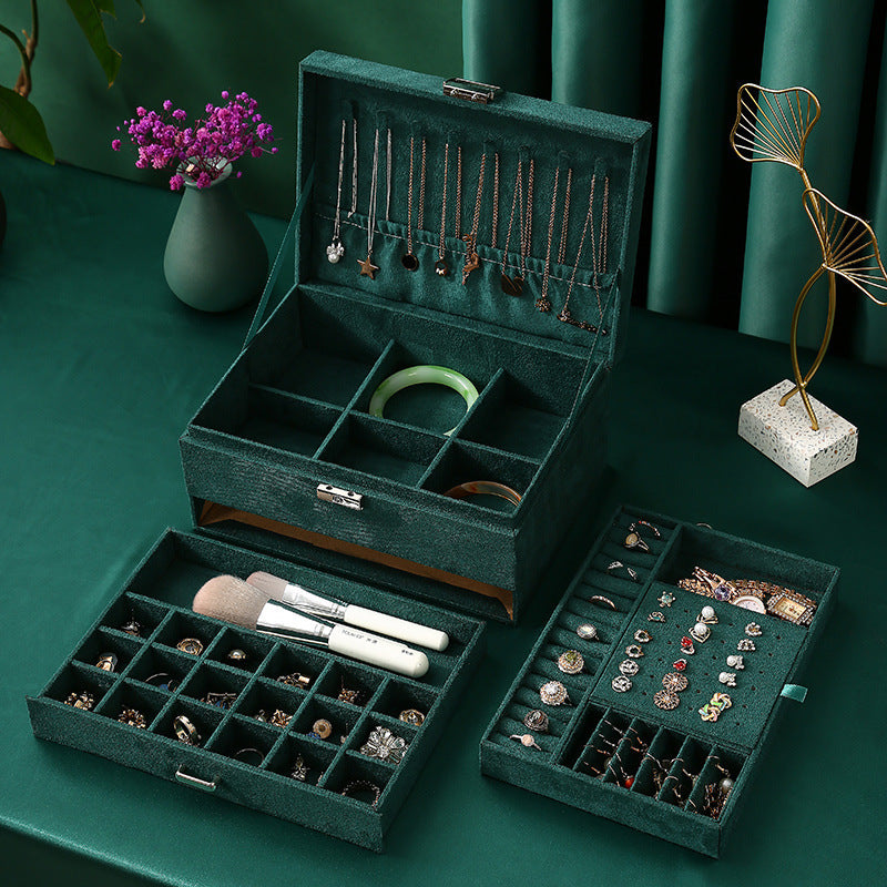Dark green Jewellery Box Leather Finish Storage Drawer Cabinet Necklace Organizer