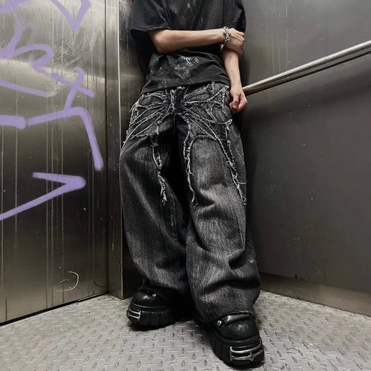 Explosions Jeans Y2k Dark Line Design Sense Wide Leg Pants Street Loose Pants Tide
