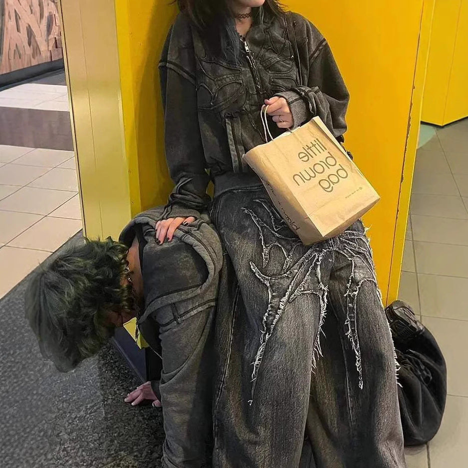 Explosions Jeans Y2k Dark Line Design Sense Wide Leg Pants Street Loose Pants Tide