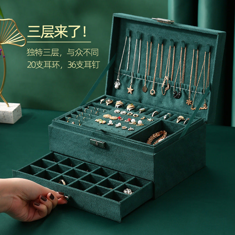 Dark green Jewellery Box Leather Finish Storage Drawer Cabinet Necklace Organizer