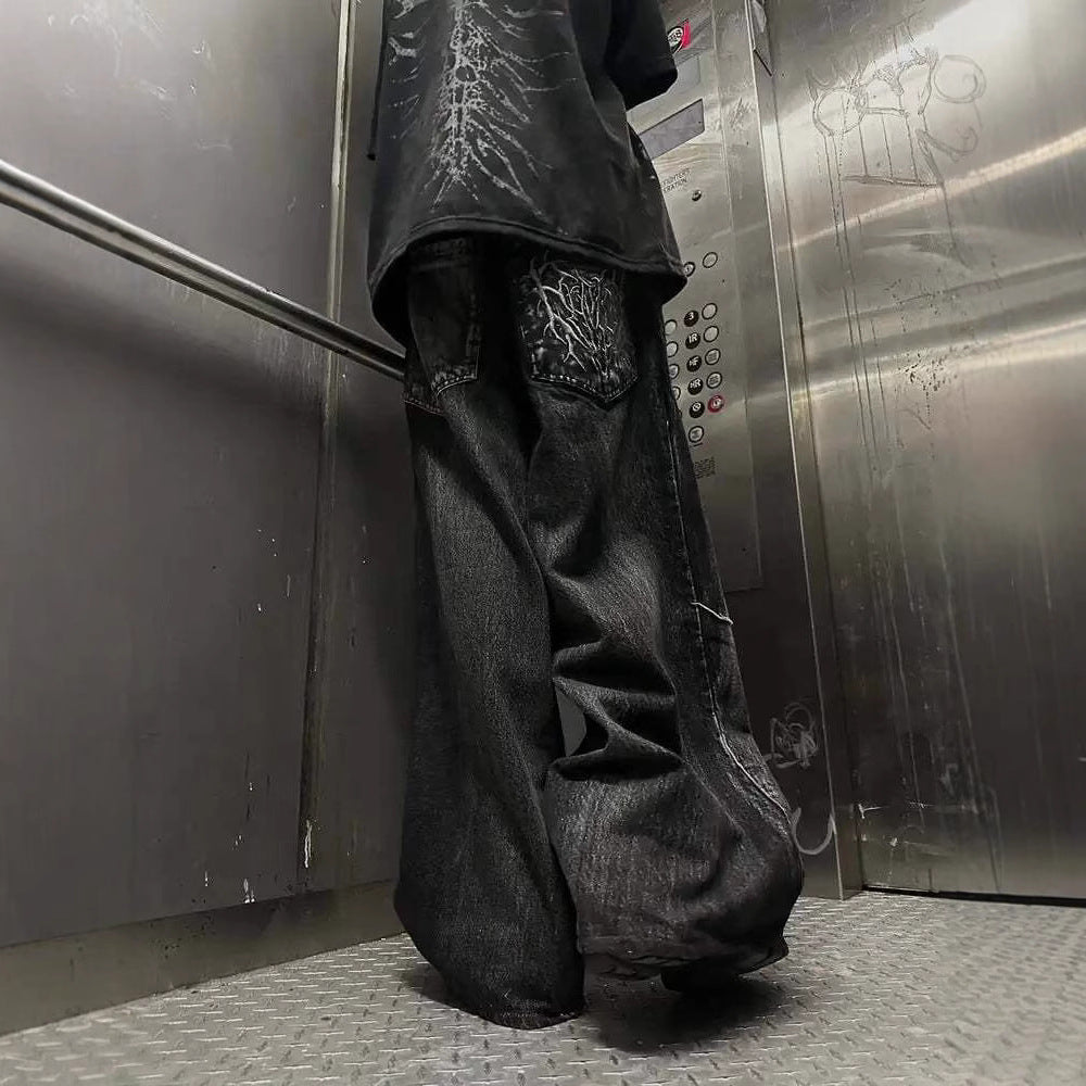 Explosions Jeans Y2k Dark Line Design Sense Wide Leg Pants Street Loose Pants Tide