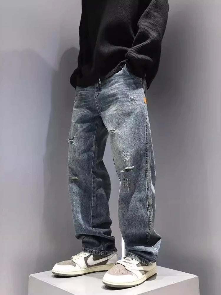 Men’s Ripped Baggy Straight-Leg Vintage Denim Jeans