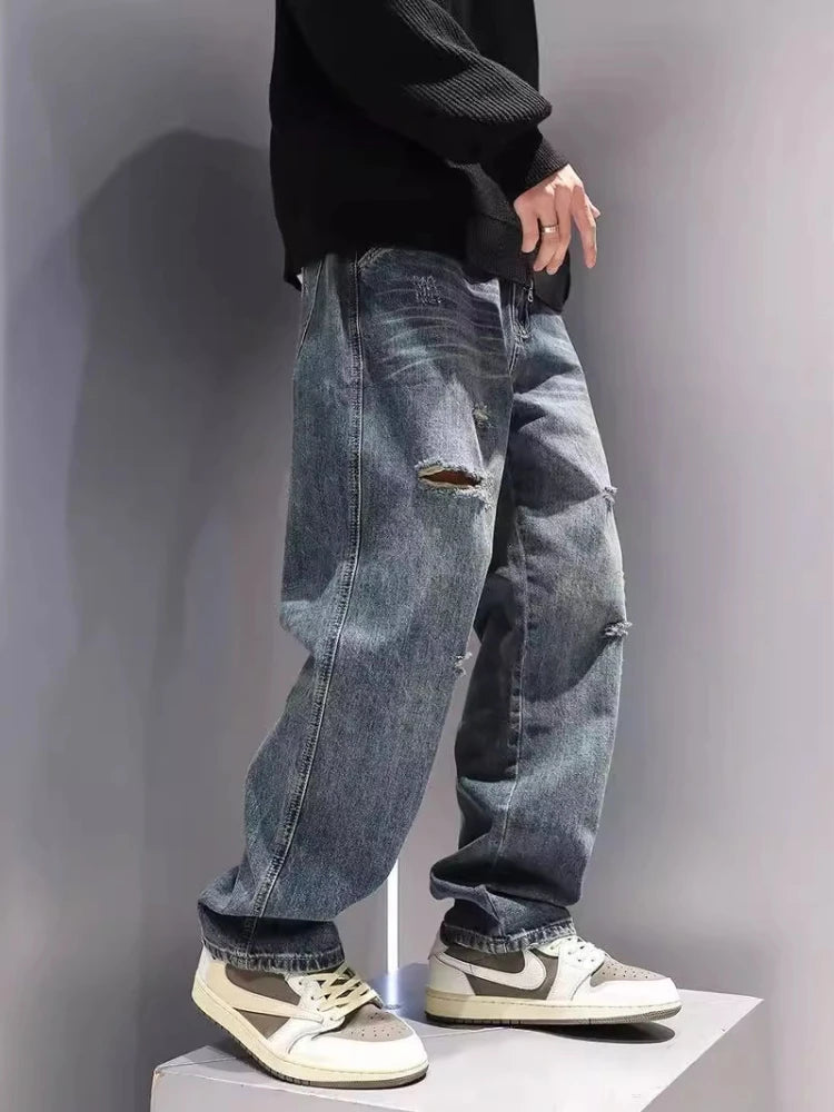 Men’s Ripped Baggy Straight-Leg Vintage Denim Jeans