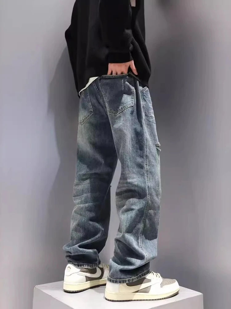 Men’s Ripped Baggy Straight-Leg Vintage Denim Jeans
