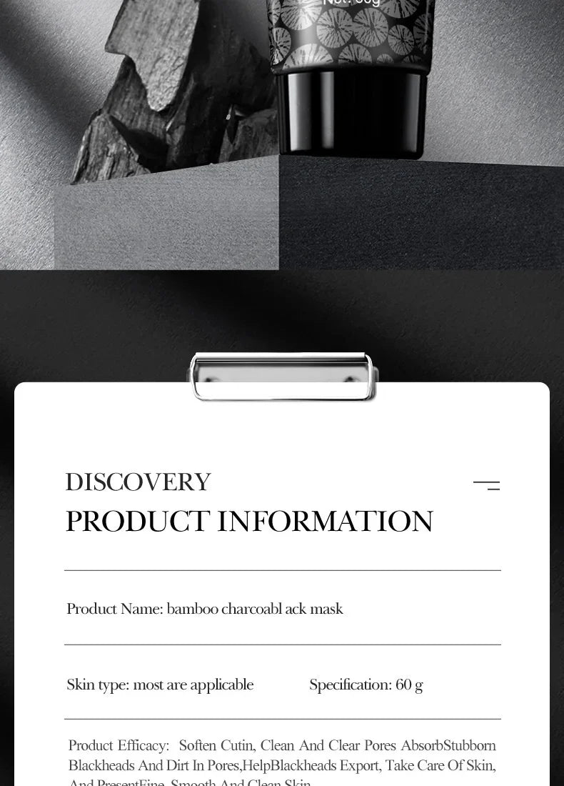 Blackhead Remover Mask harnesses the natural detoxifying power of bamboo charcoal to deeply cleanse pores