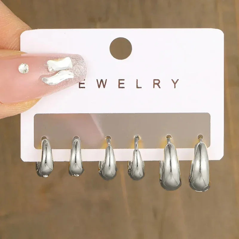 6-Piece Set Stainless Steel Zirconia Hoop Earrings