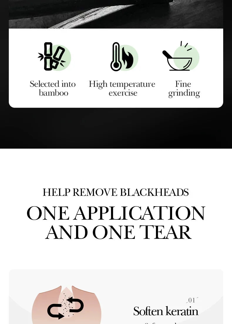 Blackhead Remover Mask harnesses the natural detoxifying power of bamboo charcoal to deeply cleanse pores