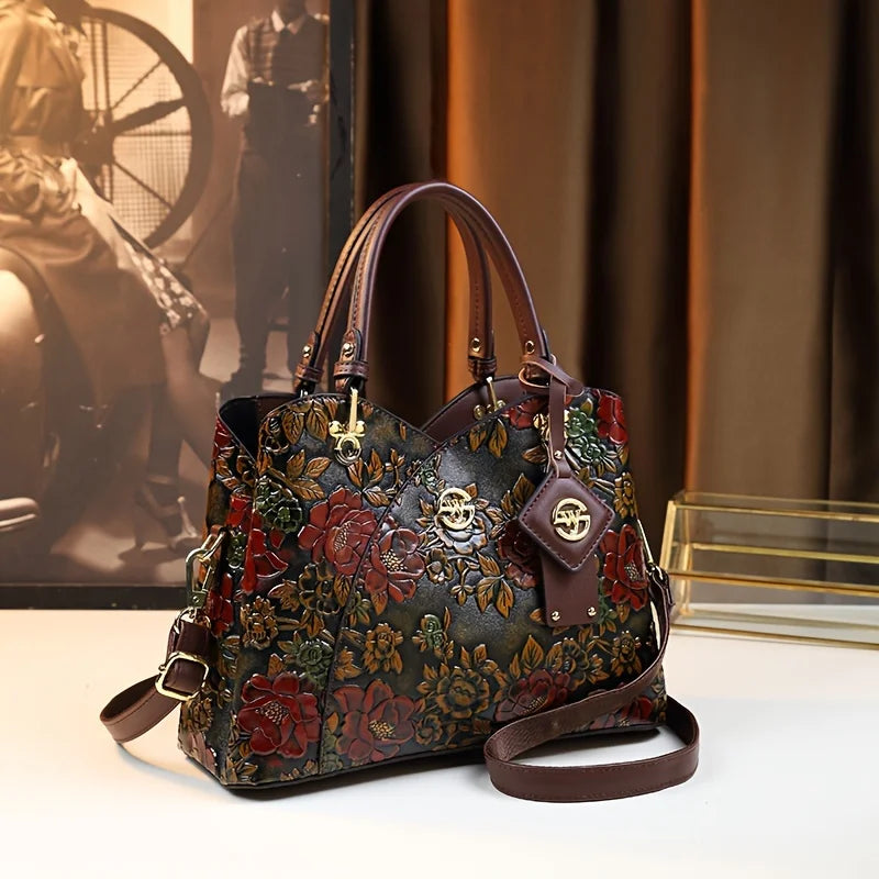 Vintage Floral PU Leather Handbag